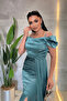Satin Fabric Drawstring Shawl Detailed Evening Dress - Turquoise - 2