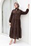 Elastic Sleeves, Half Button, Jacquard Printed Piece Dress - Brown - 4