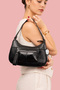 Women's Black Genuine Leather Zippered Gondola Baguette Shoulder Bag with Adjustable Extension Strap - 3