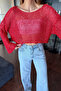Women's Red Sequin Embroidered Bat Sleeve Casual Crop Blouse - 8