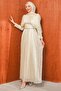Ecru Draped Janjan Evening Dress with Stones on the Waist