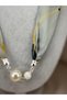 Women's Gray Navy Blue Patterned Scarf Necklace with Large Pearl Detail, Stylish Fabric Neck Necklace - 2