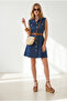 Women's Navy Blue Belted Pocketed Mini Cotton Dress Elb-19002668