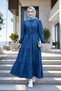 Women's Lace Detailed Buttoned and Laced Denim Dark Blue Dress - 6