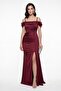 Women's Burgundy Thin Strap Long Knitted Satin Evening Dress