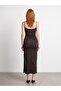 91712 Square Neck Gathered Midi Dress-Dark Brown - 2
