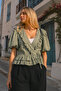 Women's Mint Double Breasted Collar Ruffle Detailed Short Sleeve Tie Front Blouse Arm-26Y001075