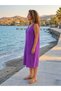 Women's Balloon-Look Purple Sleeveless Linen Relaxed Fit Midi Length Dress with Pockets - 2