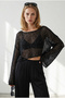 Women's Black Sequined Openwork Crop Knitwear Blouse Blz-19003423 - 4