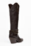 Bitter Brown Matte Leather Metal Toe Cap Below the Knee Staple Belt Detail Western Cowboy Boots - 4