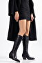 Black Matte Leather Metal Toe Cap Below the Knee Flat Zippered Western Cowboy Boots - 5