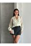 Women's Front Ruffle Detailed V-Neck Shirt Blouse Thin Textured Stylish Blouse