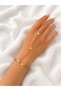 White Stone Detailed Gold Color Steel Şahmeran Hand Chain Women's Bracelet - 3