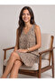 Women's Beige Color Patterned V-Neck Sleeveless Skirt with Ruffles Comfortable Fit Viscose Elastane Fabric Dress - 2