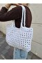 Women's White Knitted Medium Size 36×26cm Handcrafted Daily Shoulder Bag - 2