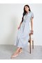 Blue Striped Shirt Midi Dress with Tie-Waist