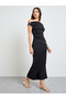Black Off Shoulder Maxi Dress with Buckle Detail - 2