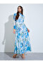 Blue Floral A-Line Maxi Dress with Long Sleeves - 3