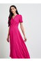 Pink Textured V Neck A-Line Midi Dress - 2
