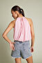 Halter Neck Balloon Crop Top with Window Detail Pink - 4