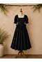 Black Square Neck Flared Poplin Dress with Side Bow - 2