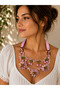 Authentic Rose Patterned Needlework Necklace with Natural Stone and Cherry Detail - 2