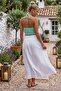 White Lined Foldable Fabric Waist Casual Cotton Long Woven Skirt 95 65 - 6