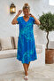 Blue-Green V-Neck Short Sleeve Patterned Casual Viscose Woven Dress 113 64 - 3