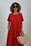Red Gathered Waist Short Sleeve Dress - 5