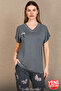 Vebuo Women's Gray Floral Pattern Viscose Pajamas Set Short Sleeve Soft Fabric Relaxed Fit Sleepwear Set 12682 - 5