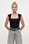 Women's Palma Square Neck Side Gathered Sleeveless Knitted Black Blouse - 2