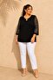 Women's Plus Size Sleeve Patterned Tulle Collar Hollow Out Pearl Accessory Wide Three-Quarter Sleeve Stretchy Viscose Blouse - 4