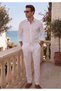 White Flared Linen Judge Collar Breathable Shirt Elastic Waist 3 Pockets Comfortable Seasonal Trousers Set of 2 - 6