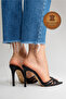 Genuine Leather Women's Open Toe Design Thin Heeled Slippers Black Skin Proton - 7