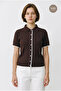 Polo Collar Front Buttoned Lace Trim Slim Knitwear Blouse - 2