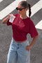 Women's Waist-Fitted Wide Sleeve Blouse Bat Sleeve Burgundy Blouse - 2