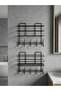Adhesive 2-Piece Bathroom Shelf with 10 Hangers Shower Shelf No-Drill Mounting Black Metal Organizer - 2