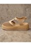 Women's Beige Mesh Detailed Straw High-Heeled Sandals 4cm Byndk95 - 6