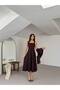 Women's Brown Square Neck Thick Strap Crepe Fabric Backless Cape with Elastic Closure Stone Detail Midi Length Evening Dress - 2