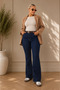 Plus Size Women's Dark Blue High Waist Spanish Leg Stretch Denim Trousers - 2