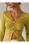 Women's Elegant Flower-Shaped Metal Button Detail Bluz with Gathered Detail - 2