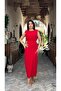 Red Padded Waist Detailed Long Dress - Tight Fit