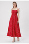 Patterned Cotton Long Summer Red Patterned Women's Dress - Shoulder Tie Strap Gathered Gipeli Women's Comfortable Dress - 3