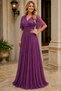 Women's Double Breasted Collar Short Sleeve Tulle Sleeve Lycra Stretchy Glitter Lined Long Plum Evening Dress - 7