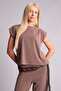 Loose Fit Crew Neck Crepe Short Sleeve Light Brown Blouse I2210Ax26Au - 3