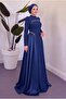 Pearl Detailed Crepe and Satin Combination Flared Hijab Evening Dress - 3