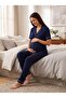New Season Navy Blue Shawl Collar Breastfeeding Feature Adjustable Waist Buttoned Special Design Short Sleeve 100% Cotton Maternity Pajama Set - 5