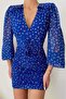 V-Neck Long Sleeve Floral Print Mini Dress - Blue - 2