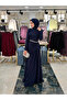 Navy Blue Double Fabric Stone Detailed Cape-Shoulder Evening Dress Model - 2