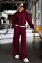 Burgundy Long-Sleeved Buttoned Polo Collar Women's Tracksuit Set Sh392 - 2